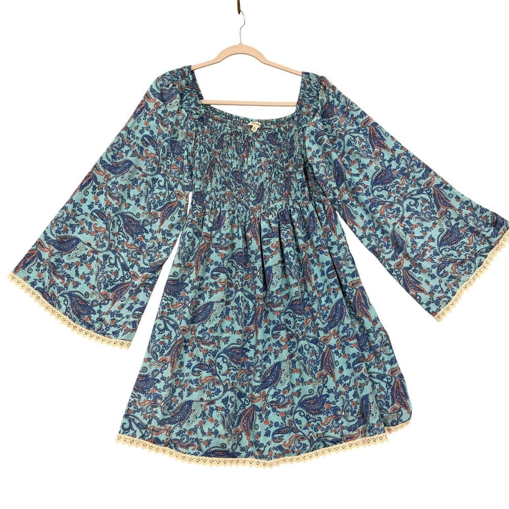Earthbound Trading Co Blouse Womens Medium Blue Paisley Boho Tunic Bell Sleeve